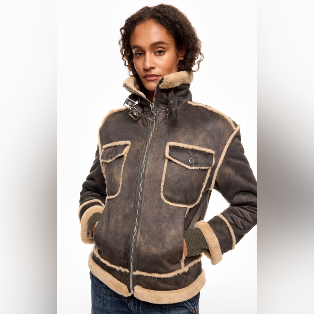 NVLT Black and Tan Shearling Bomber Jacket, XS, NWOT